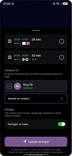 Écran Prudency permettant de définir une destination et de démarrer un trajet