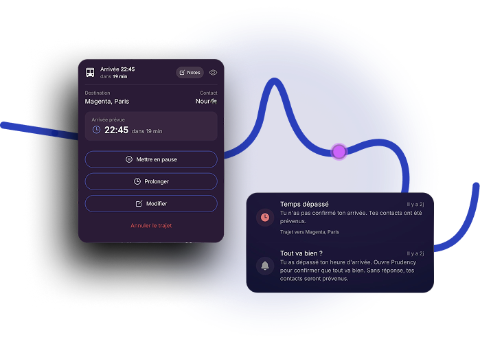 Écran des notifications Prudency affichant les alertes liées aux trajets